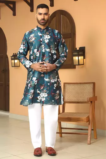 Floral printed blue mandarin collor silk blend kurta with pyjama