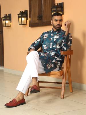 Floral printed blue mandarin collor silk blend kurta with pyjama 5