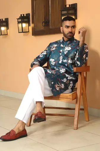 Floral printed blue mandarin collor silk blend kurta with pyjama