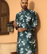 Floral printed green mandarin collor silk blend kurta with pyjama