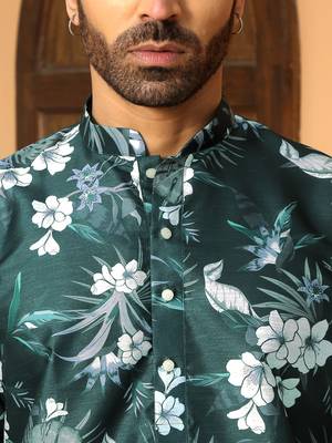 Floral printed green mandarin collor silk blend kurta with pyjama 2