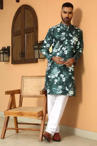Floral printed green mandarin collor silk blend kurta with pyjama