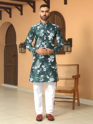 Floral printed green mandarin collor silk blend kurta with pyjama 4