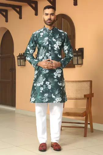 Floral printed green mandarin collor silk blend kurta with pyjama