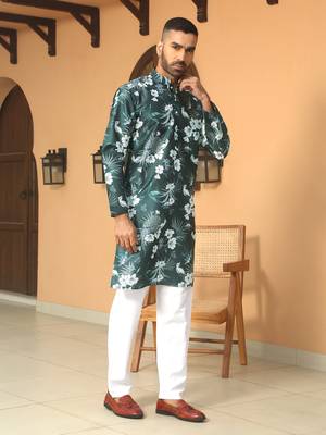 Floral printed green mandarin collor silk blend kurta with pyjama 5