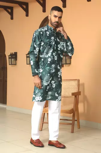 Floral printed green mandarin collor silk blend kurta with pyjama
