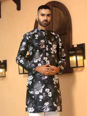 Floral printed wine mandarin collor silk blend kurta with pyjama 1
