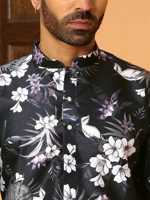 Floral printed wine mandarin collor silk blend kurta with pyjama 3
