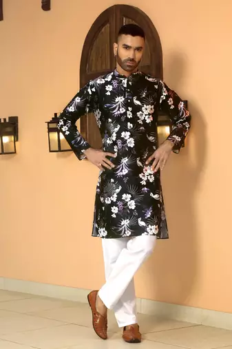 Floral printed wine mandarin collor silk blend kurta with pyjama