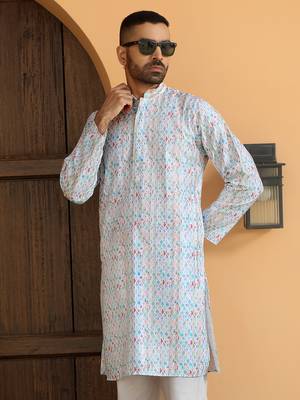   ethnic motifs embroidered chikankari cotton turquoise blue kurta with pyjama 1