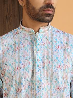   ethnic motifs embroidered chikankari cotton turquoise blue kurta with pyjama 2