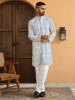   ethnic motifs embroidered chikankari cotton turquoise blue kurta with pyjama 3