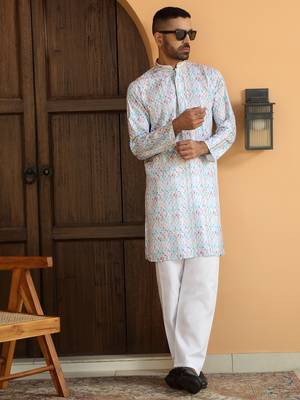   ethnic motifs embroidered chikankari cotton turquoise blue kurta with pyjama 4