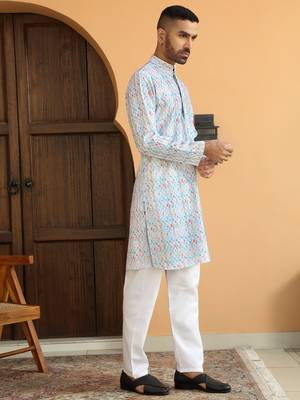   ethnic motifs embroidered chikankari cotton turquoise blue kurta with pyjama 5
