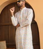   ethnic motifs embroidered chikankari cotton yellow kurta with pyjama