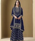 Embroidered art silk navy blue salwar kameez