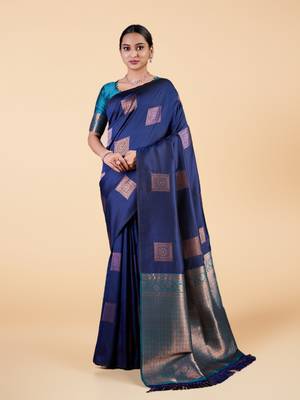 Elegant navy blue banarasi silk blend saree 1