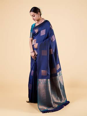 Elegant navy blue banarasi silk blend saree 2