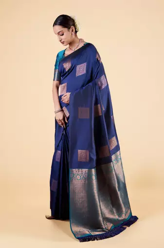 Elegant navy blue banarasi silk blend saree