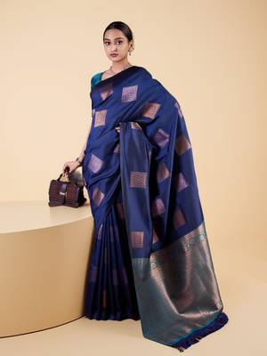 Elegant navy blue banarasi silk blend saree 3