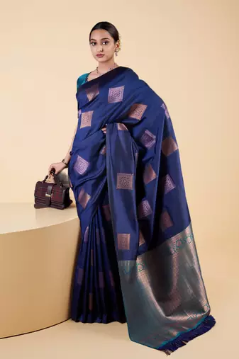 Elegant navy blue banarasi silk blend saree