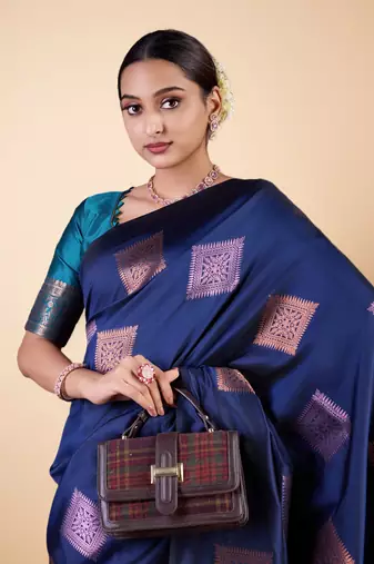Elegant navy blue banarasi silk blend saree