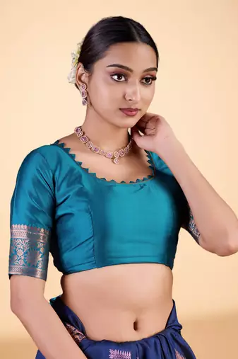 Elegant navy blue banarasi silk blend saree