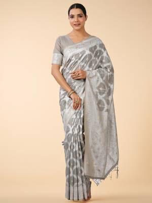 silver grey banarasi art silk saree with white & gold zari weave 1