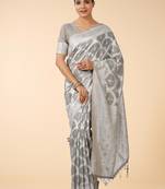 silver grey banarasi art silk saree with white & gold zari weave
