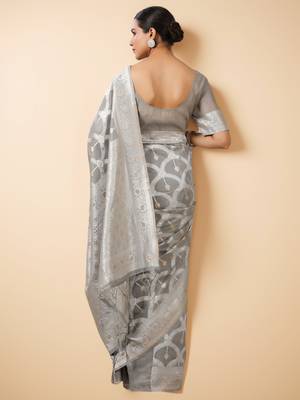 silver grey banarasi art silk saree with white & gold zari weave 2