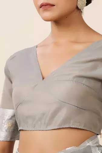 silver grey banarasi art silk saree with white & gold zari weave