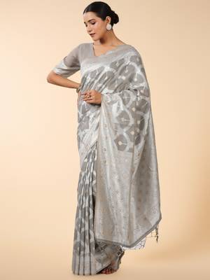 silver grey banarasi art silk saree with white & gold zari weave 4