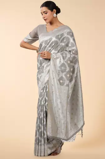 silver grey banarasi art silk saree with white & gold zari weave
