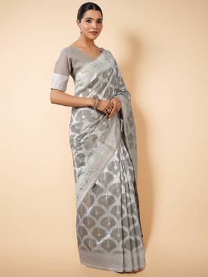 silver grey banarasi art silk saree with white & gold zari weave 5
