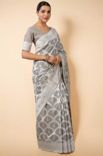 silver grey banarasi art silk saree with white & gold zari weave