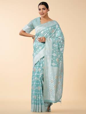 aqua blue banarasi art silk saree with white & silver zari weave 1