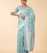 aqua blue banarasi art silk saree with white & silver zari weave