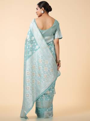 aqua blue banarasi art silk saree with white & silver zari weave 2