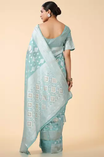 aqua blue banarasi art silk saree with white & silver zari weave