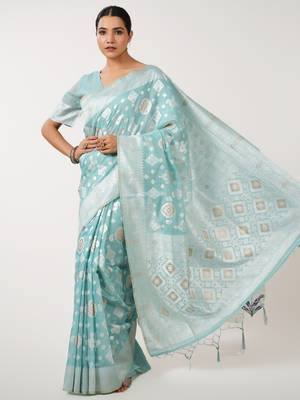 aqua blue banarasi art silk saree with white & silver zari weave 3