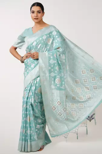 aqua blue banarasi art silk saree with white & silver zari weave