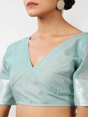 aqua blue banarasi art silk saree with white & silver zari weave 4