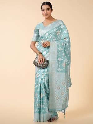 aqua blue banarasi art silk saree with white & silver zari weave 5