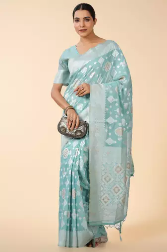 aqua blue banarasi art silk saree with white & silver zari weave