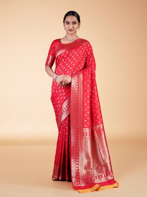red banarasi art silk saree with gold zari buti & rich border 1