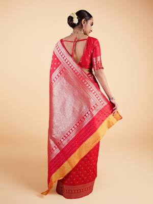red banarasi art silk saree with gold zari buti & rich border 2