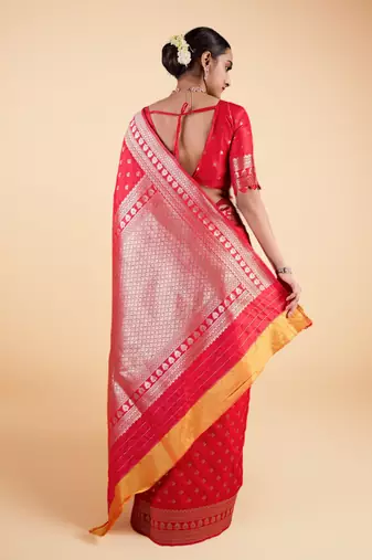 red banarasi art silk saree with gold zari buti & rich border