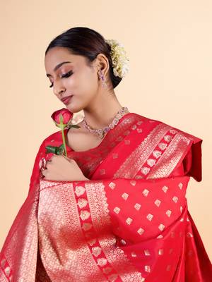 red banarasi art silk saree with gold zari buti & rich border 4