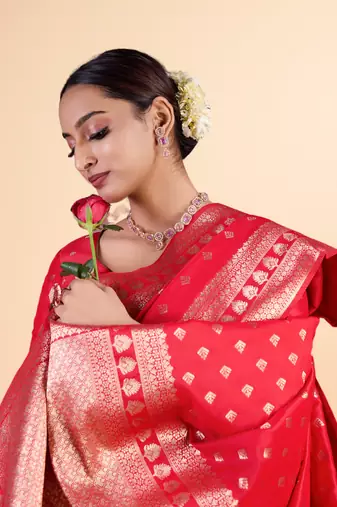 red banarasi art silk saree with gold zari buti & rich border