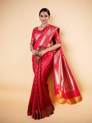 red banarasi art silk saree with gold zari buti & rich border 5